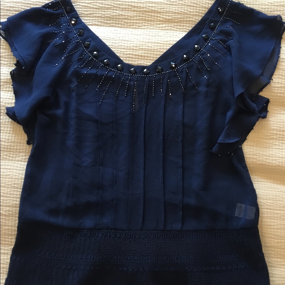 Sheer Navy Beaded Blouse M